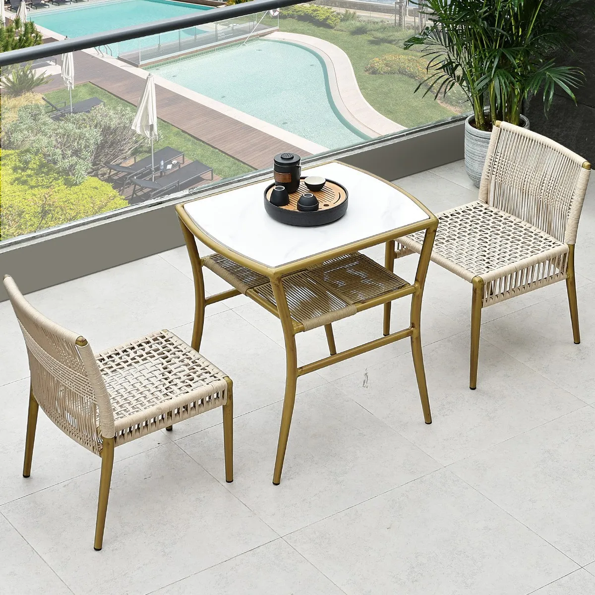 

Outdoor courtyard tables and chairs Nordic leisure tea table three-piece set Small apartment household balcony rope weaving one