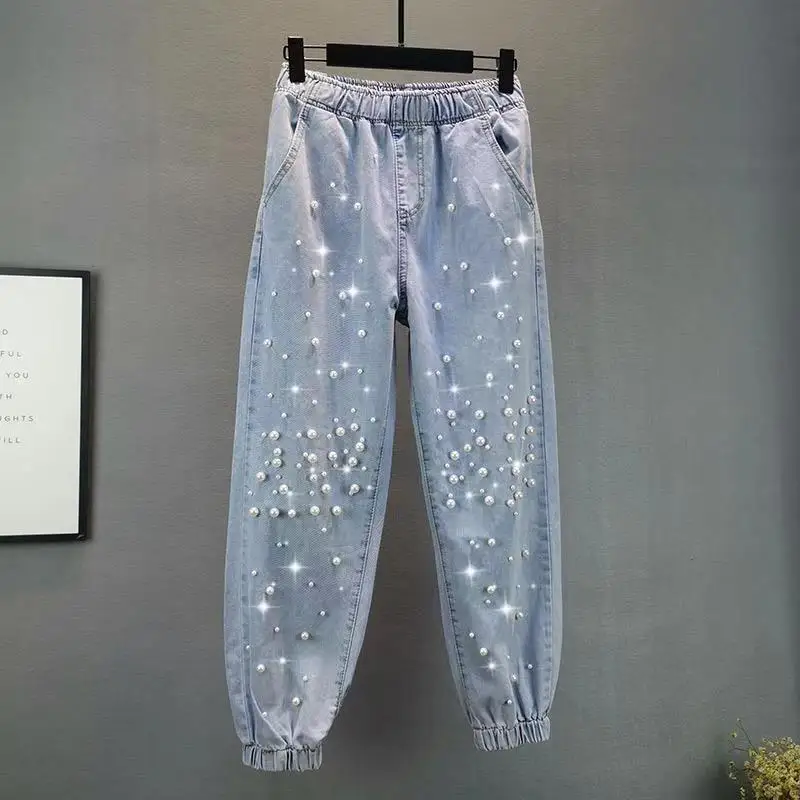 Korean Jeans Woman Streetwear Fashion Denim Harem Pants 2026 New Bottoms Elastic Waist Beading Casual Vintage Pantalon Femme