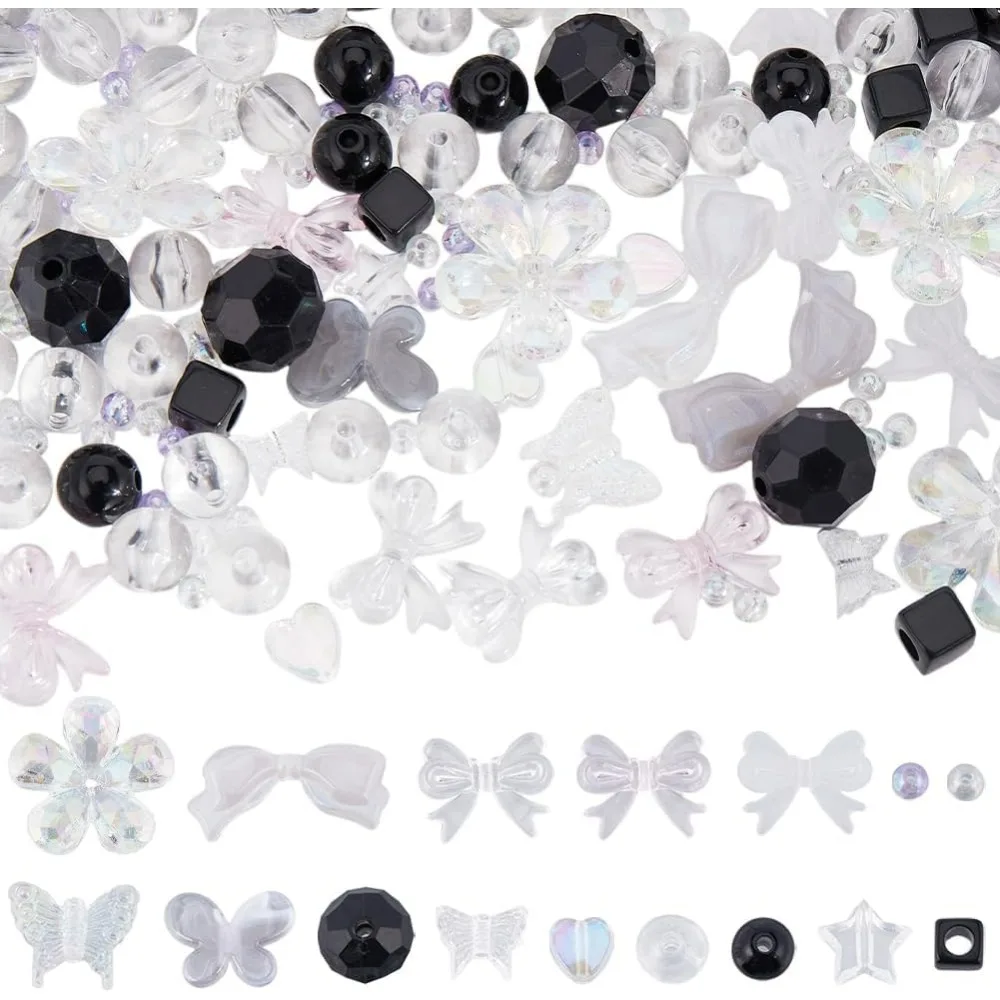 

300Pcs 16 Styles Assorted Black Beads Acrylic Beads Kit Cute Purple White Flower Bowknot Butterfly Heart Transparent Bow Beads