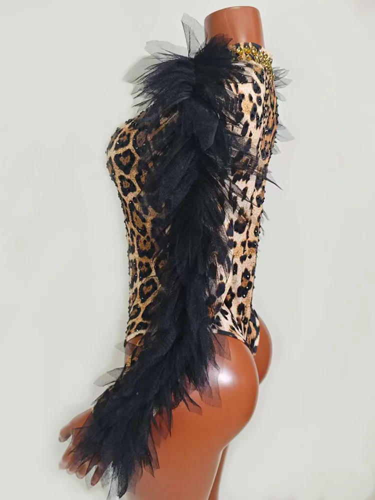 ليوبارد طباعة الأسود الراين ارتداءها طويلة الأكمام مثير Showgirls فريق المرحلة زي ملهى ليلي GOGO ملابس الرقص عيد ميلاد DJ #5