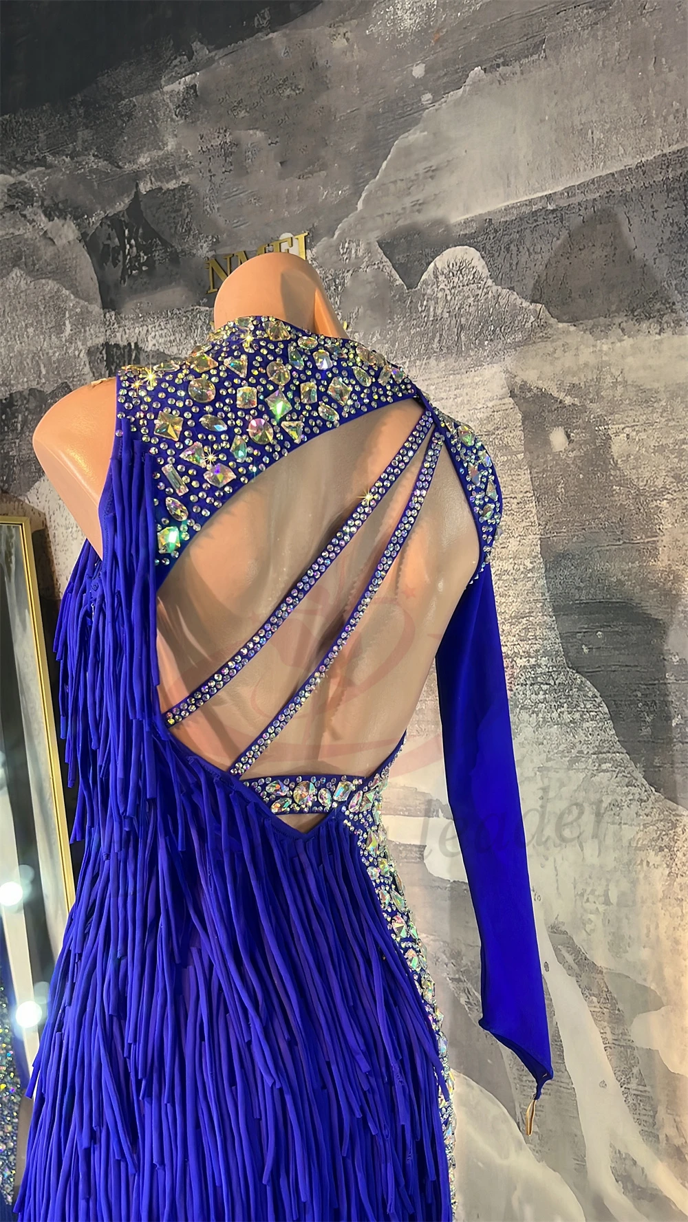 Vestido de baile latino AB Stone para mujer, adulto y niño, personalizado, de gama alta, azul real con borla, negro, piscina, Samba