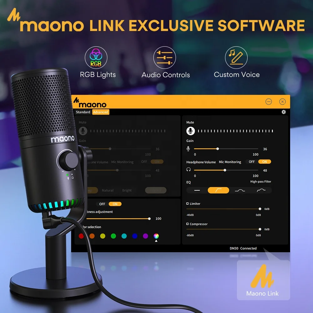 

MAONO Programmable PC USB Condenser Podcasting Microphones Kit With 3 in 1 Mic Gain USB Type C Dual Mode RGB Gaming Microphones
