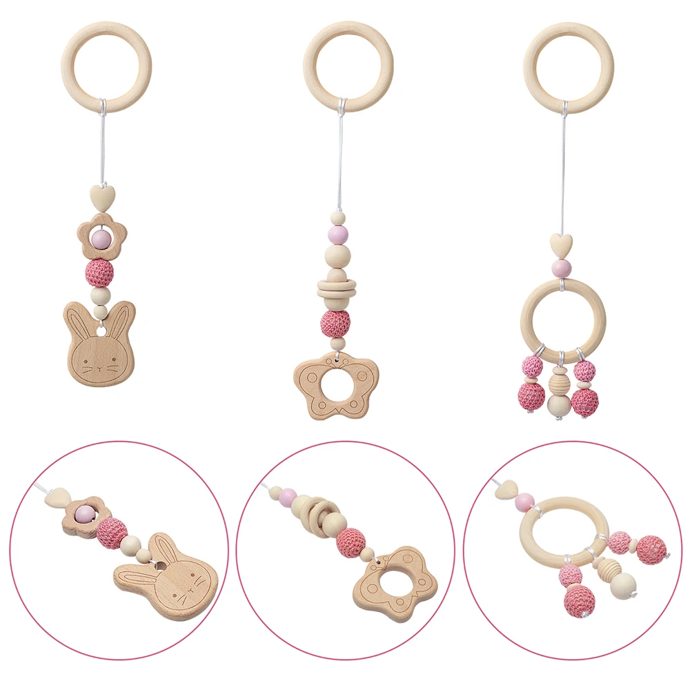 5Pcs Baby Wooden Gym Pendant Set Pink Wooden Bunny Butterfly Kids Gym Frame Stroller Hanging Pendant Decoration for Crib Pram