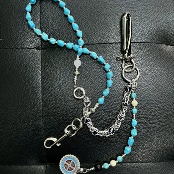 Orijinal Trendy Mavi Kırık Taş Boncuk Punk Tarzı Pantolon Zinciri Çapraz Düğme Kot Aksesuarları