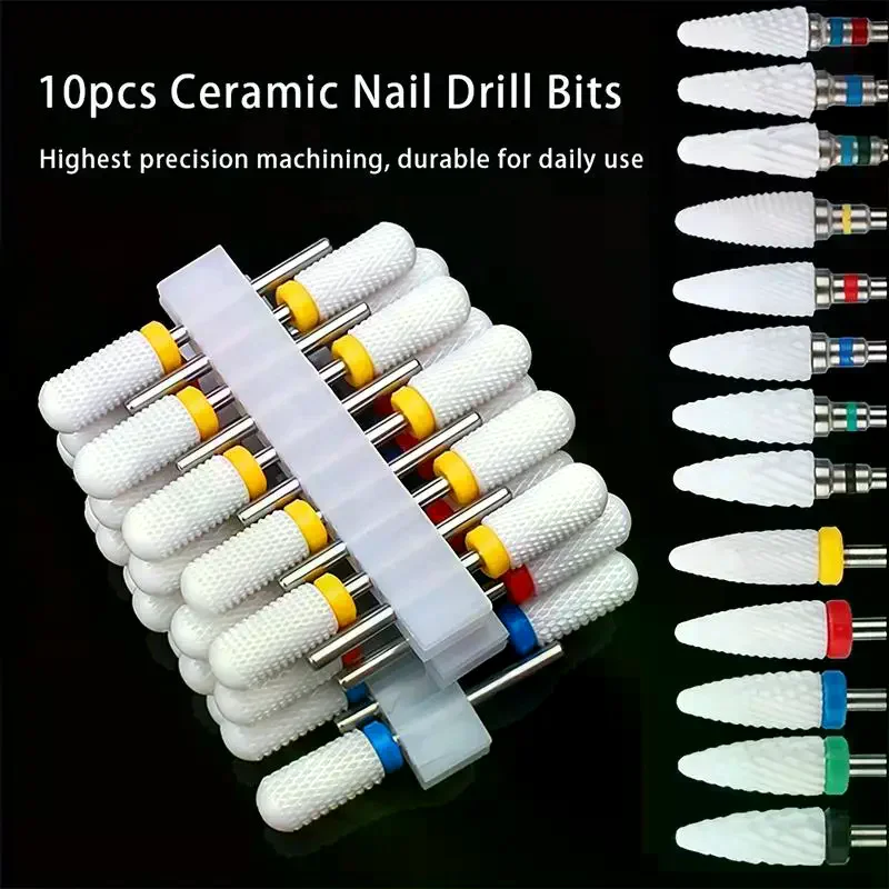 For Manicure Pedicure Rotate Burr Milling Nail Cutter Bits Electric Drill Machine Ceramic Nail Drill Bit Kit Tools 10Pcs/set