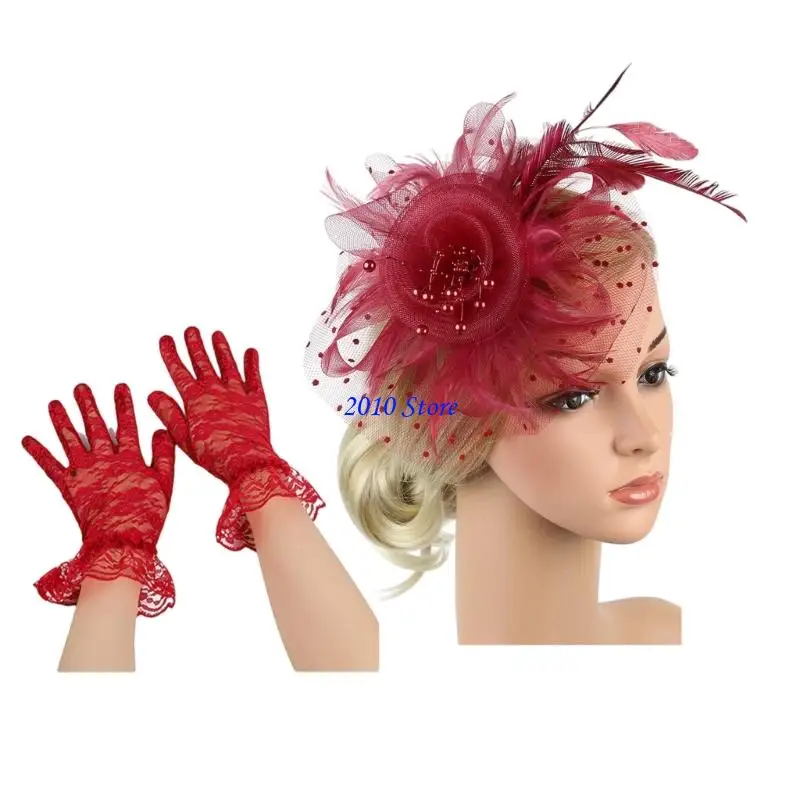 

F3MF Delicate Wedding Veil Fascinator and Gloves Set Ornamental For Brides