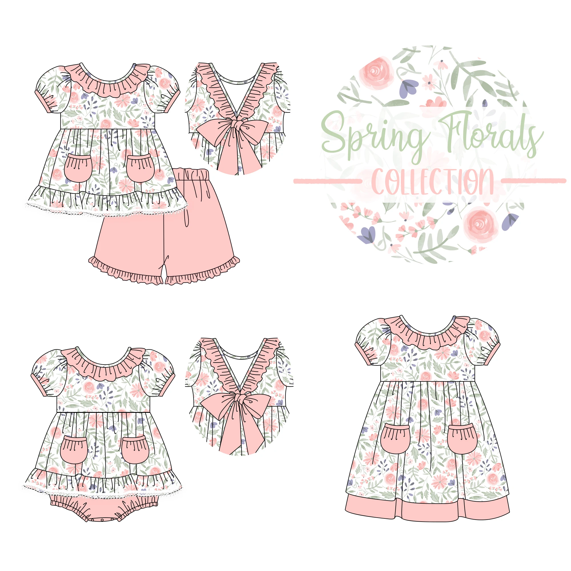 Spring flowers collection short sleeve set cute dress sisters clothes wholesale baby girl clothes toddler baby clothes