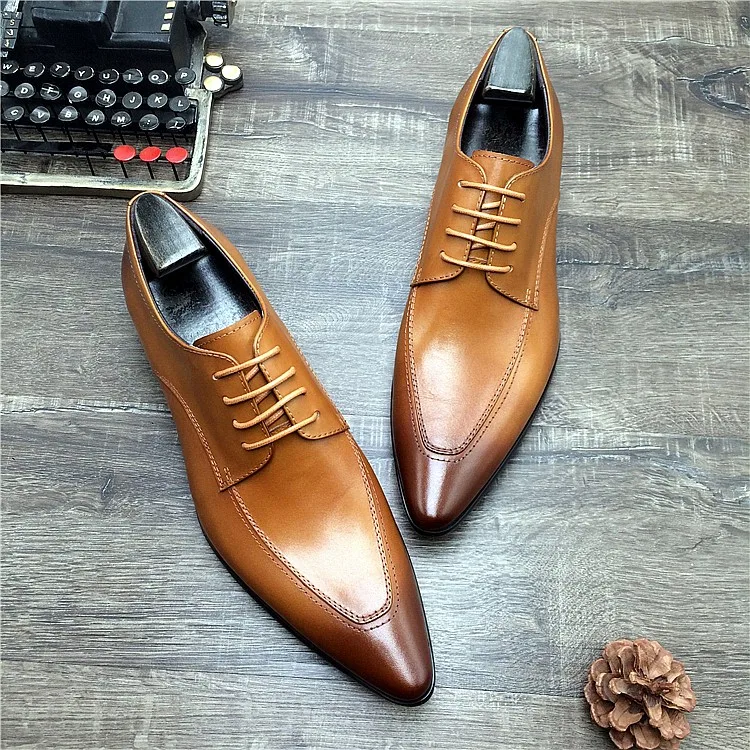 HKDQ Genuine Leather Shoes Men Business Dress Pointed Toe Brogue Lace Up Wedding Oxford Shoes Formal Black Party Dress Shoes