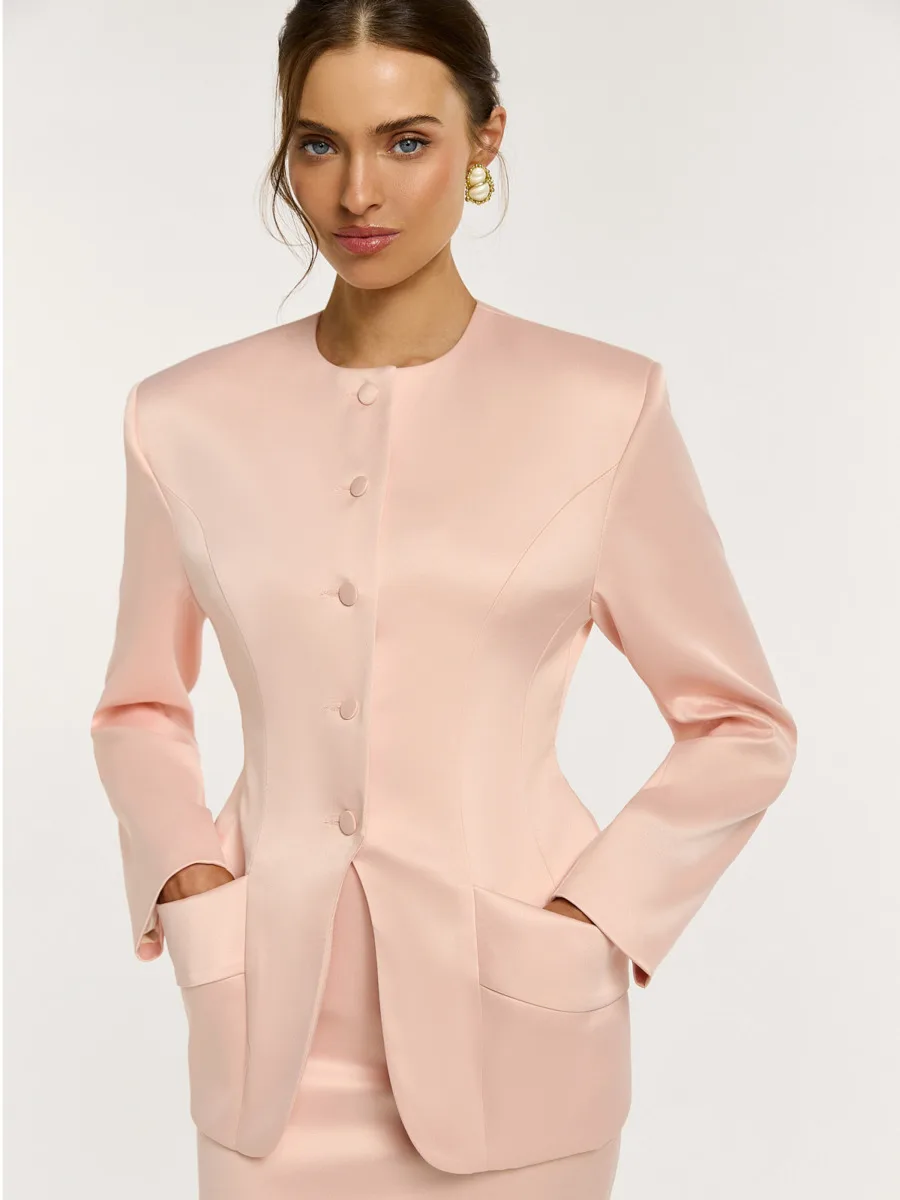DFDG Women 2026 Spring Autumn Satin Blazer Round Neck Fabric Covered Buttons Hourglass Waist Dual Pocket Padded Shoulder Coat