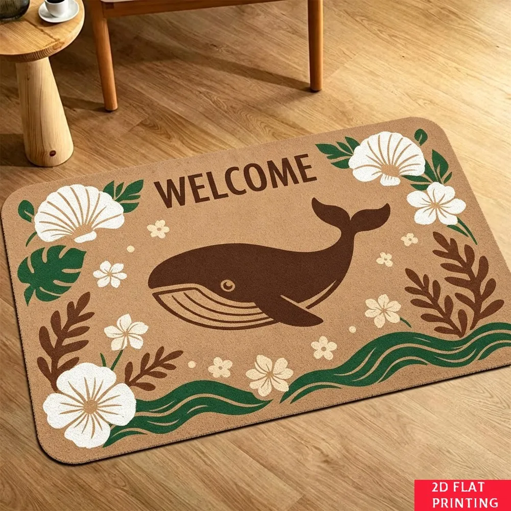 Surfboard Hibiscus Welcome Mat Tan Base White Flower Green Leaf Print Non Slip Outdoor Porch Rug For Beach Theme Home Entrance