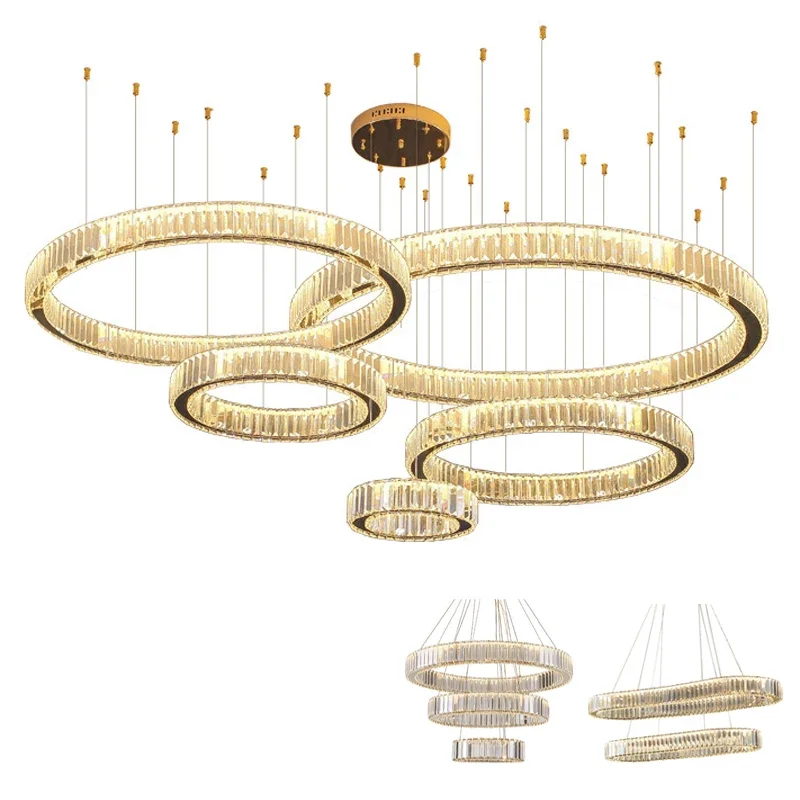 

3 4 5 Ring Hanging Light Pendant Lamp Golden Chrome LED Modern Circle Ceiling Crystal Chandelier For Dinning Living Room