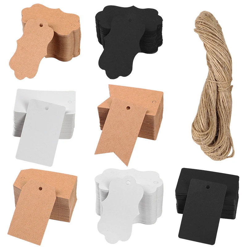 100 Stück 5 x 3 cm Kraftpapier-Etiketten mit Schnüren, Hochzeit, Geburtstag, Party, DIY, Geschenk, Hängeetiketten, Weihnachten, Geschenkbox, Tasche, Flaschendekoration