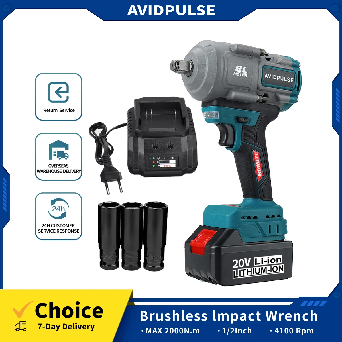 

AvidPulse 2000N.m Cordless Electric Impact Wrench 1/2 Inch Brushless Electric Wrench Hand Drill Socket Power Tool For Makita 20V
