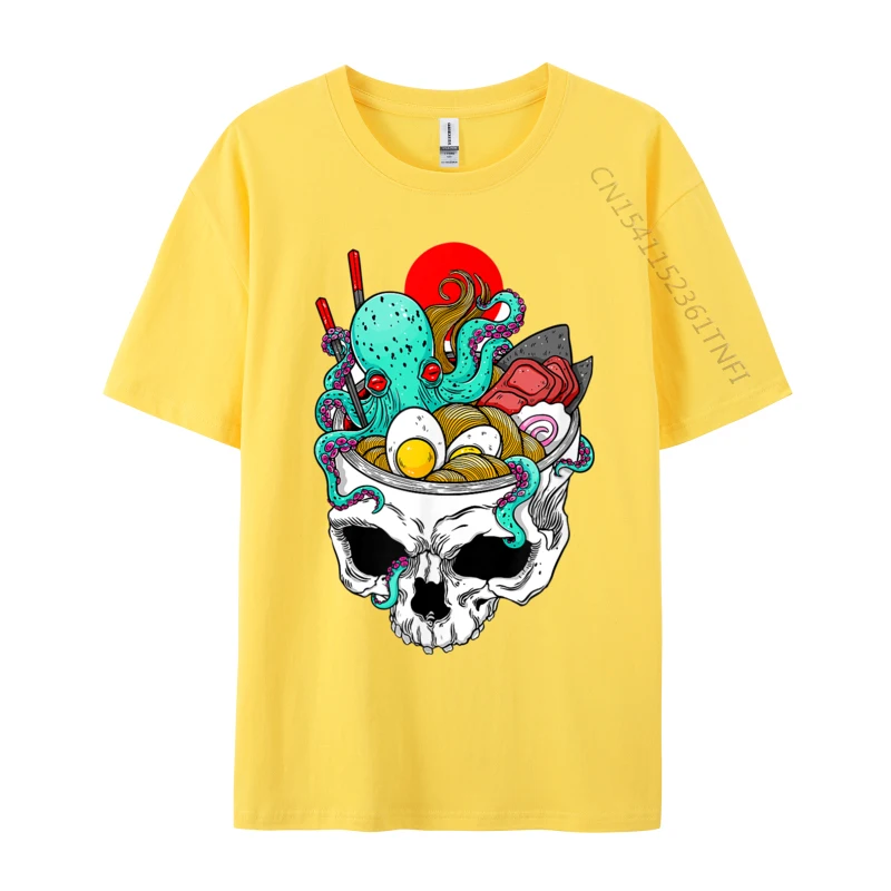 Vintage Japanese Ramen Noodles in Skull Brain Octopus Fashionable Unique Printing Tshirts Pure Cotton Man Tees Autumn