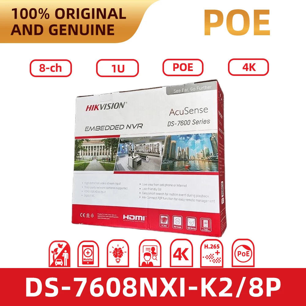 Hikvision DS-7608NXI-K2/8P 8CH POE NVR 4K AcuSense Face Recognition 80W PoE Network Video Recorder 2SATA HDD ONVIF CCTV Security