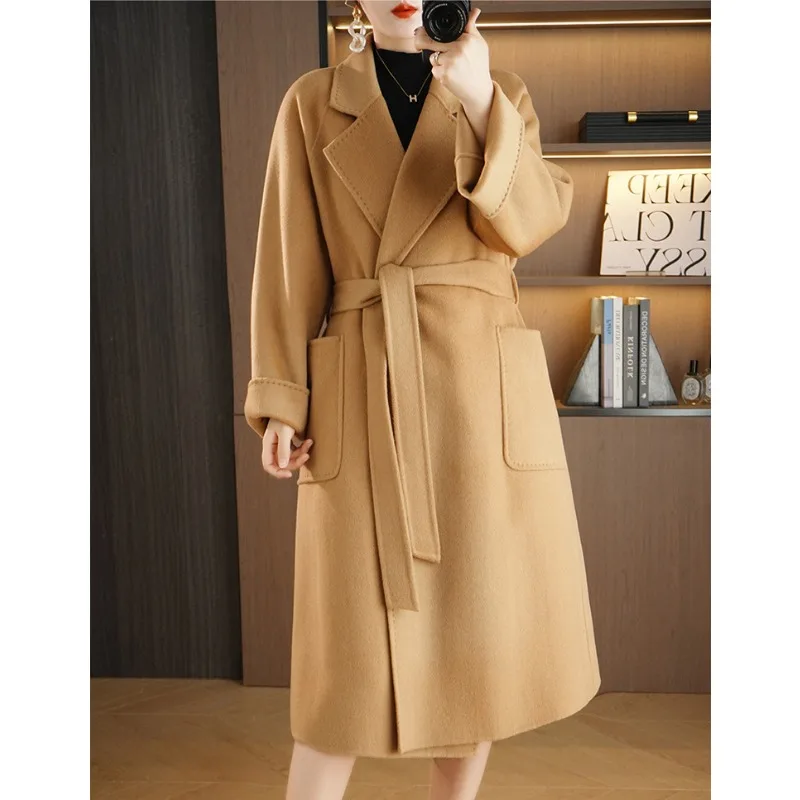 

Pure Wool Coat with Versatile Double-sided Woolen Fabric Casual Medium Length Women Lace Up Small Loose Cashmere Woolen Overcoat