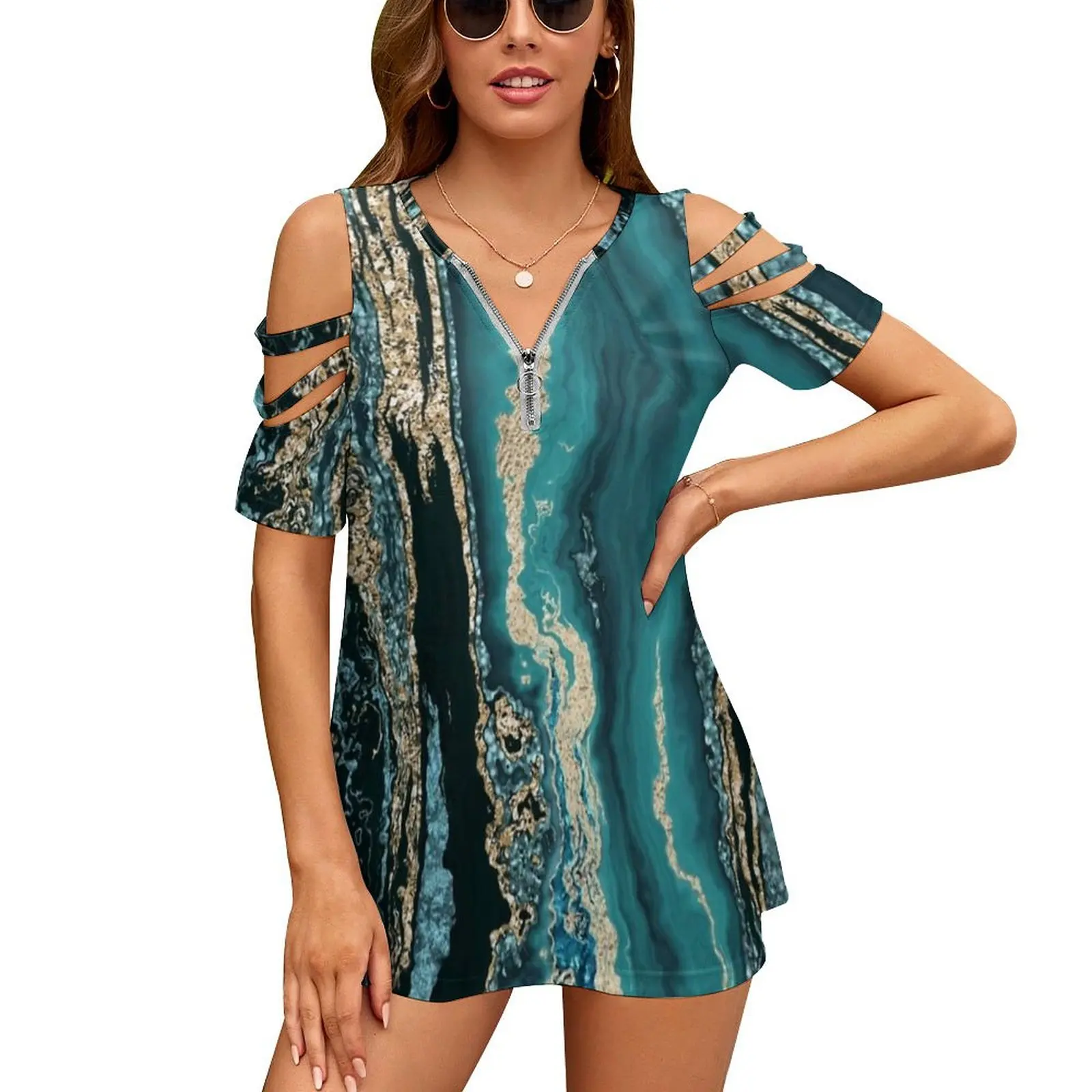 Turquoise Gold Sparkling Luxury Marble Gemstone Art New Fashion Zip Off Shoulder Top Short-Sleeve Women Shirt Gold Marble