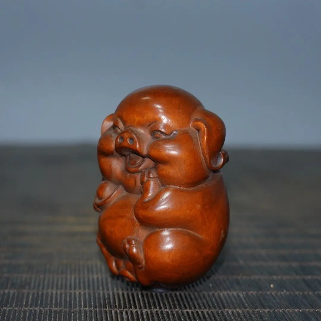 Hand Carved Wood grinning pig Statue Figurine Desktop Ornaments Home Decoration Crafts Tea Pet Decor