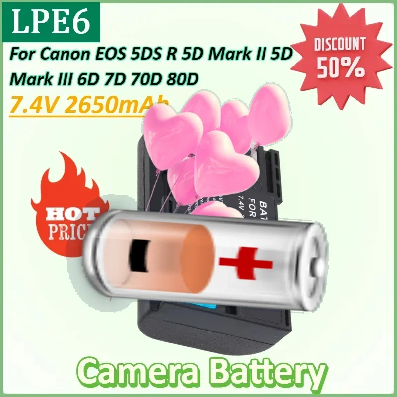 

7.4V 2650mAh LP E6 LPE6 LP-E6 E6N Camera Battery for Canon EOS 5DS R 5D Mark II 5D Mark III 6D 7D 70D 80D Lithium Battery
