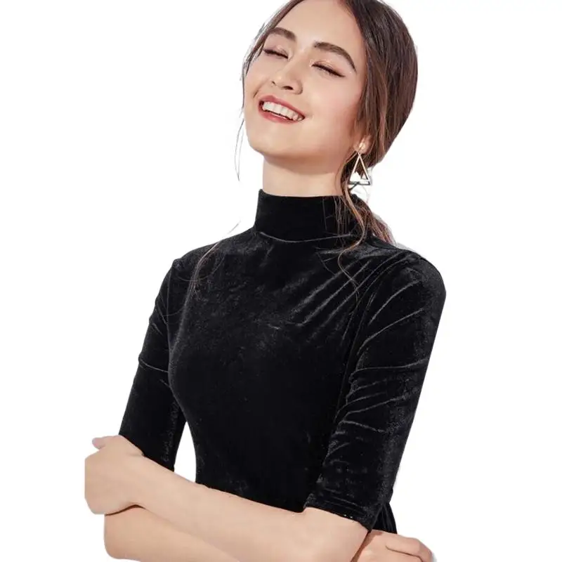 الربيع والخريف الكورية نمط المرأة أزياء الياقة المدورة القطيفة تي شيرت نصف كم المخملية قميص زائد حجم قمم #3