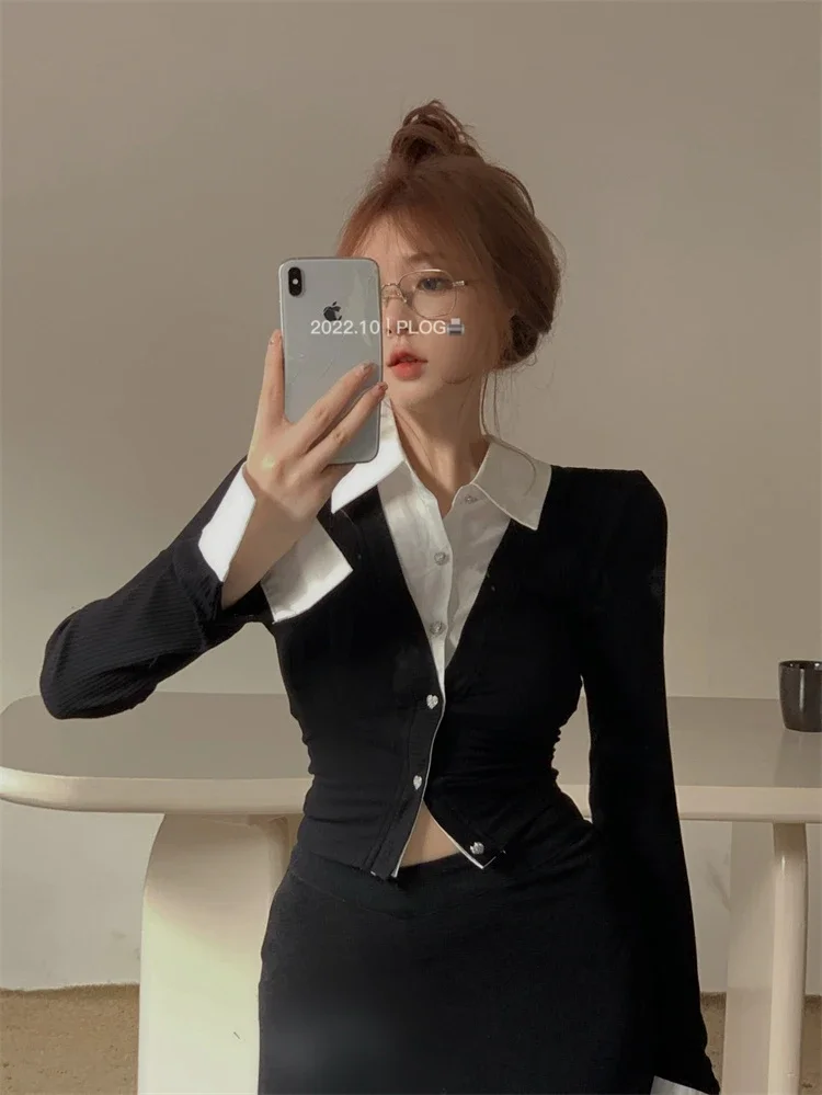 Falso due camicette per le donne tunica manica lunga top corto 2025 Blusas Mujer De Moda moda coreana sexy Y2k camicette camicie