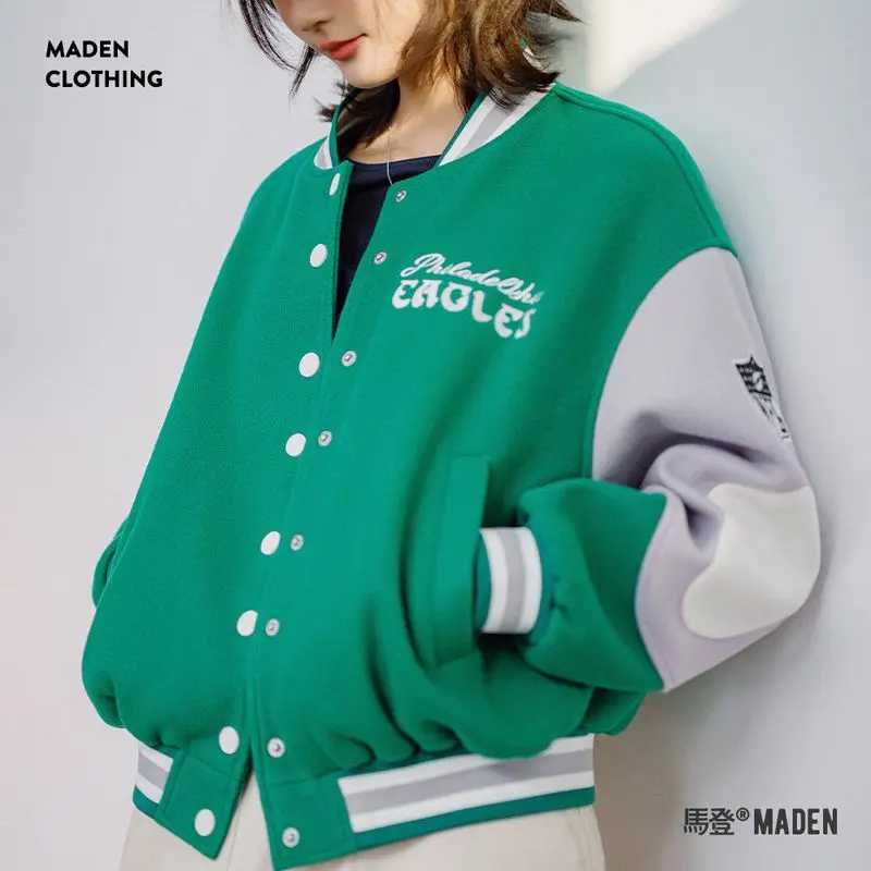 MADEN Women Color Blocking Patchwork Baseball Jacket 2024 Autumn Winter Embroidered Tweed Jacket Thick Coats Casual Outerwear