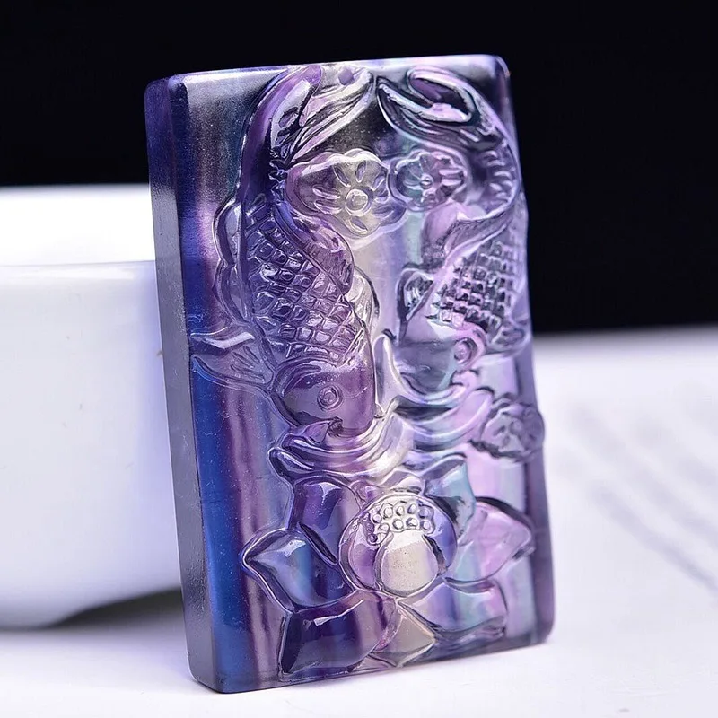 

Natural Fluorite Hand Carved Pisces Pendant Fashion Boutique Jewelry Men's and Women's Colored Lotus Necklace Gift Accessories