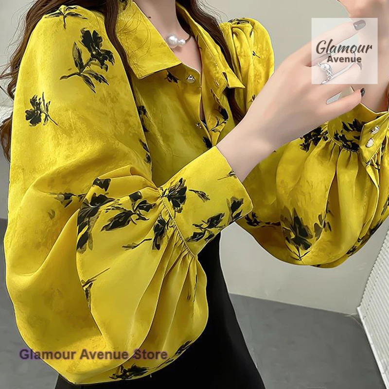 

Korean retro luxury chic printed lapel shirt women's spring and autumn fashion temperament slim floral lantern sleeve shirt