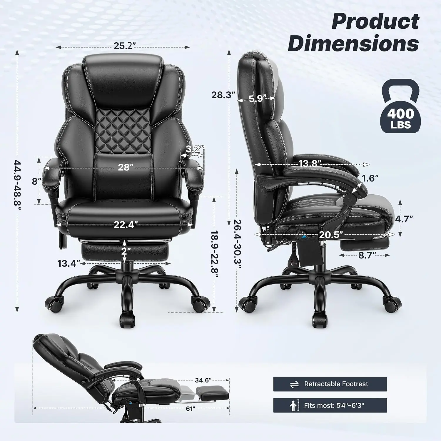 Massage Office Chair, Footrest, 6-Point Vibration, Heat, 160° Recline 400lb