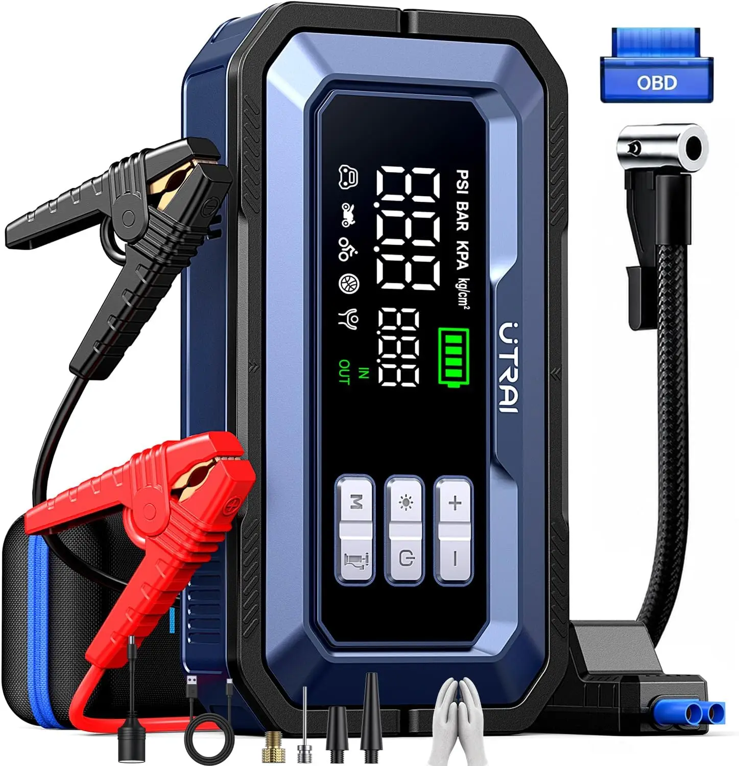 

8000A Jump Starter with Air Compressor, 150PSI Tire Inflator, 160W DC Output, OBD2 Scanner for All Gas/12L Diesel