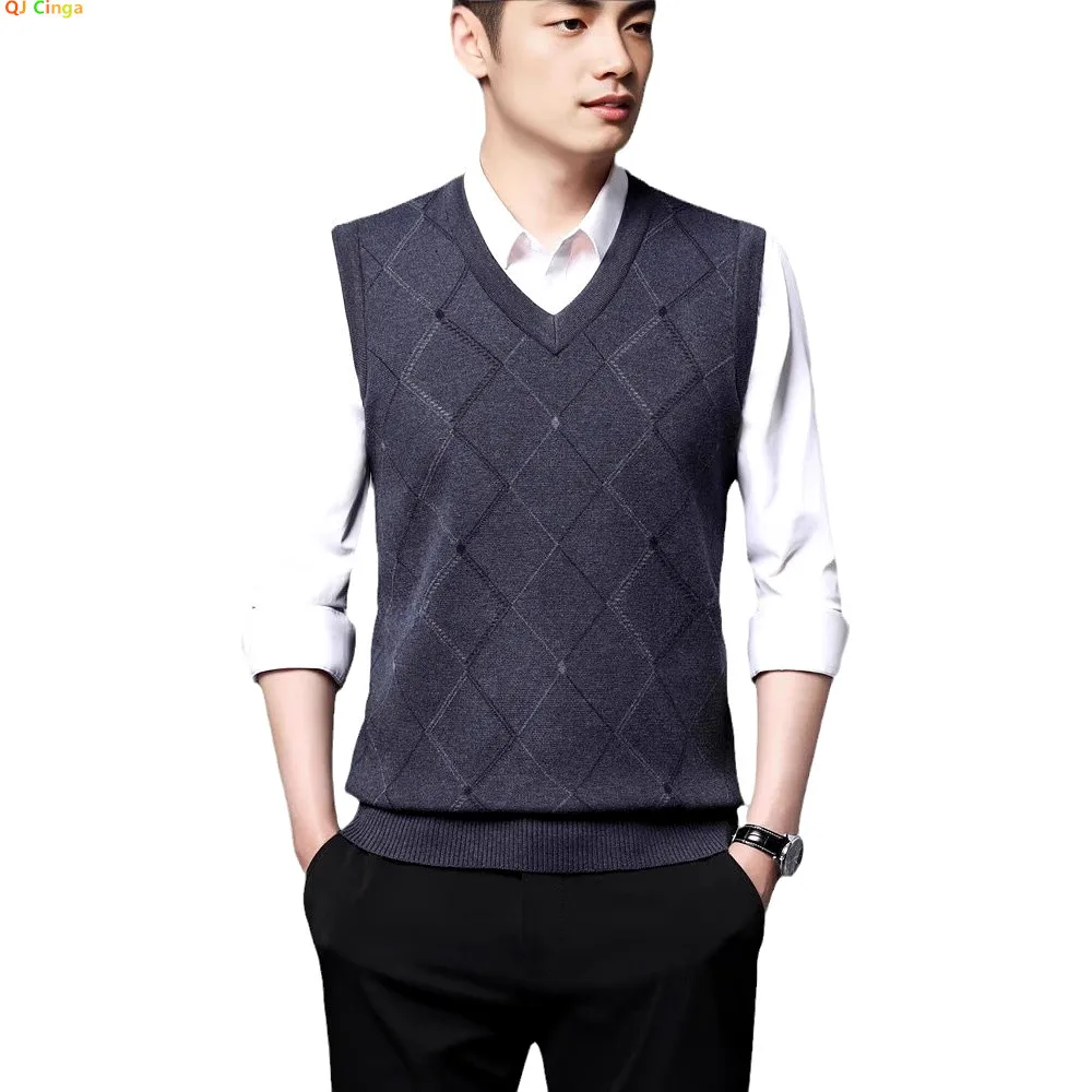 

2026 New Men's Sleeveless Knit Vest Jacket, Diamond Check Pattern Decorated V-Neck Pullover Sweater, Asian Sizes M-4XL.