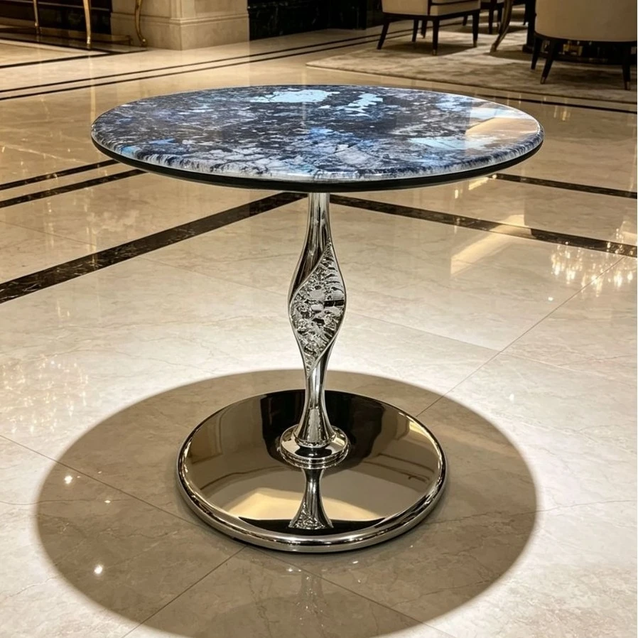 Modern Minimalist Luxury End Table, Marble Pattern Microcrystalline Stone Round Side Table, Small Coffee Table