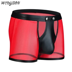 Boxershorts de couro de imitação masculino, calcinha em U, cueca gay, botões, malha, sexy