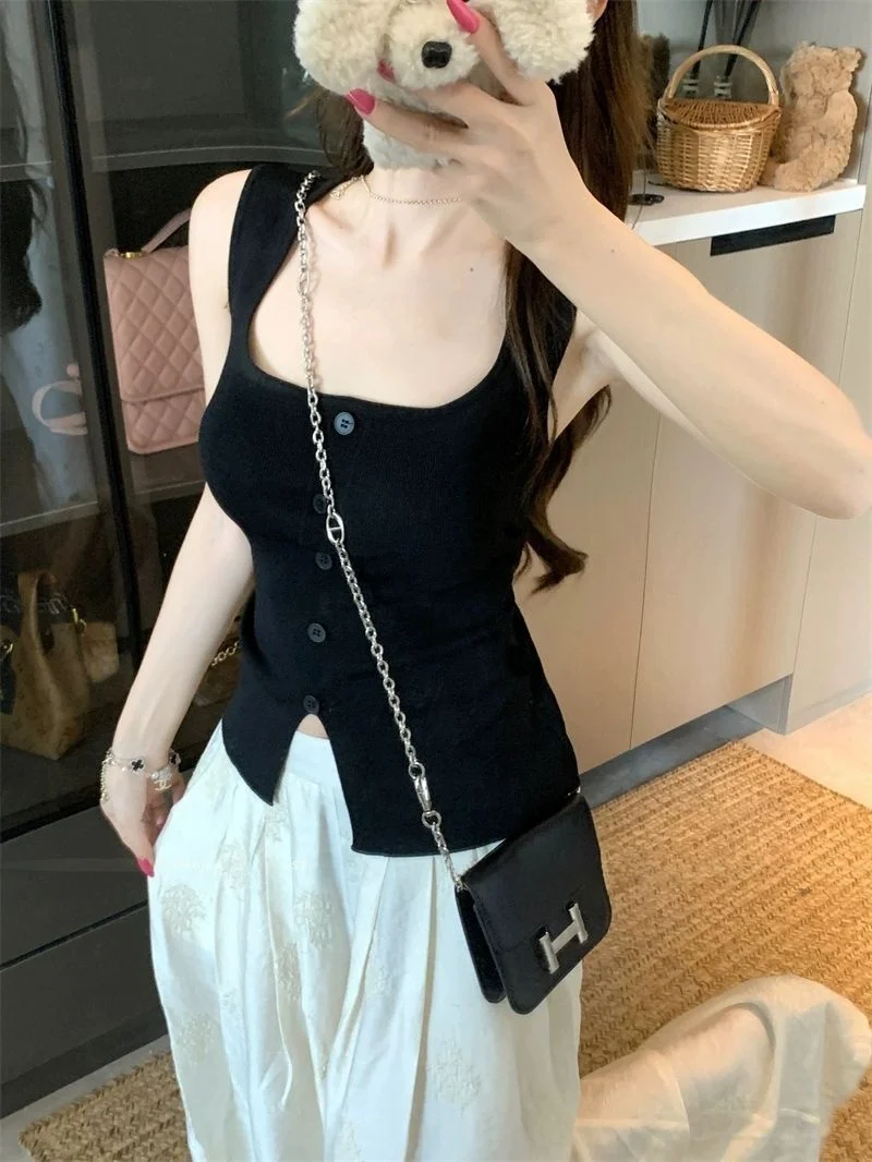Sexy Shoulder Bared Short Sleeveless Women's Tank Top Trendy Outerwear Design Button Detail U Neck Form Fitting Summer New Ar...