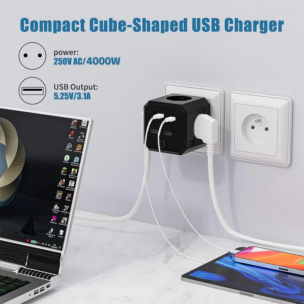 EU Wall Socket Extender with 4 AC Outlets 2USB Ports And 2 Type C 7-in-1 EU Plug Charger On/Off Switch for Home