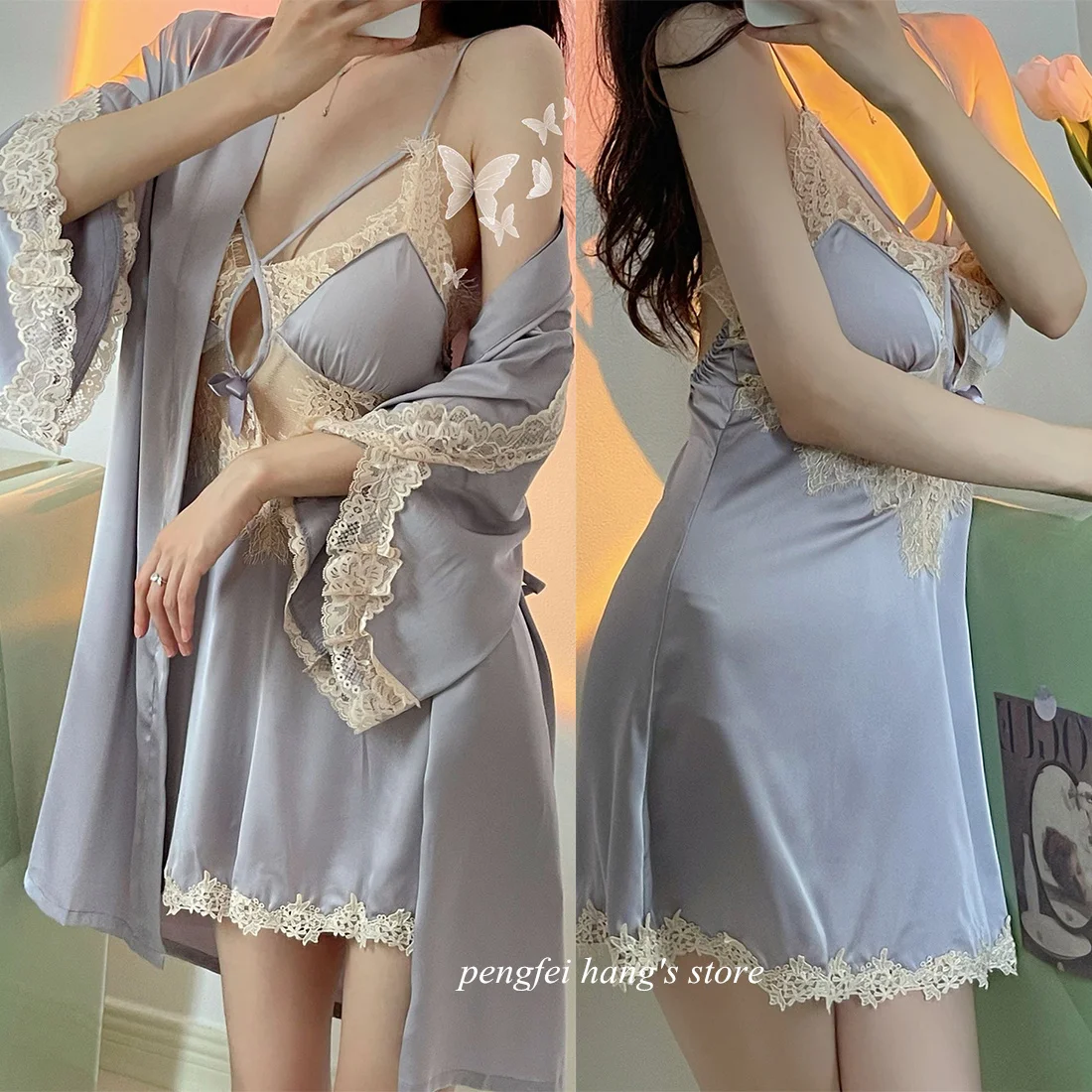 Women Summer Robe Set Rayon Suspender Nightgown Lace Patchwork Sleepwear Sexy Hollow Out Home Clothes Spring Summer Bathrobe Set