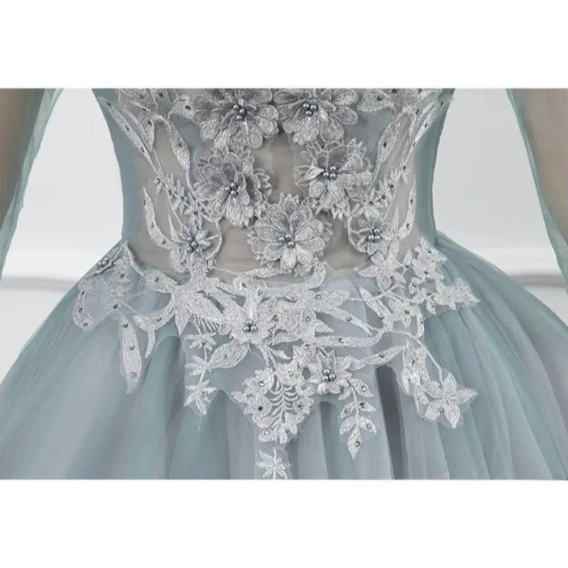 Sukienka wieczorowa damska z dekoltem w serek, haftowana, z siateczki, modna, dopasowana, z paskiem na plecach, elegancka, na roczne spotkanie, z bufiastą spódnicą, 2026.