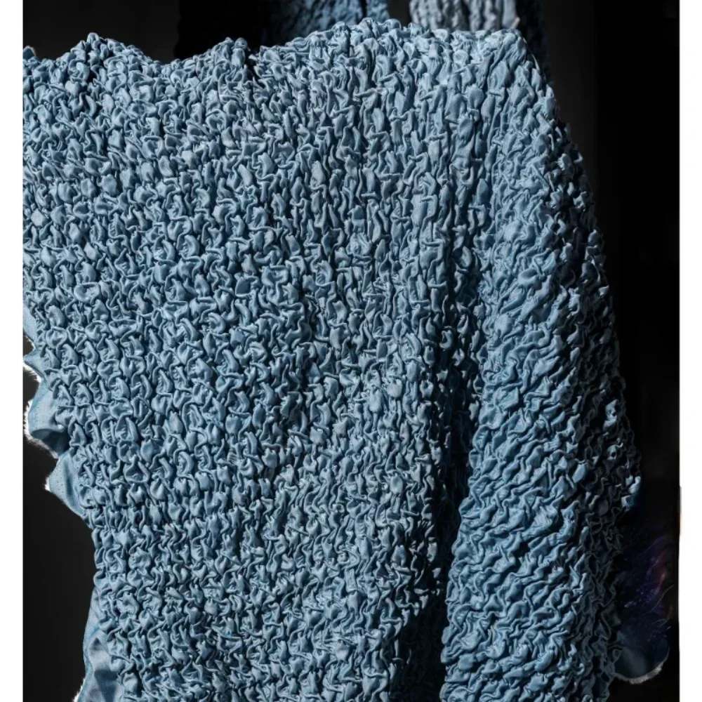 

Sky Blue Elastic Pleated Bubble Denim Fabric Creative Outerwear Designer Cloth for Diy Sewing Meters Polyester Material
