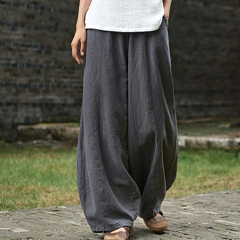 Women's Casual Cotton Linen Baggy Pants With Elastic Waist Relax Fit Lantern Trouser