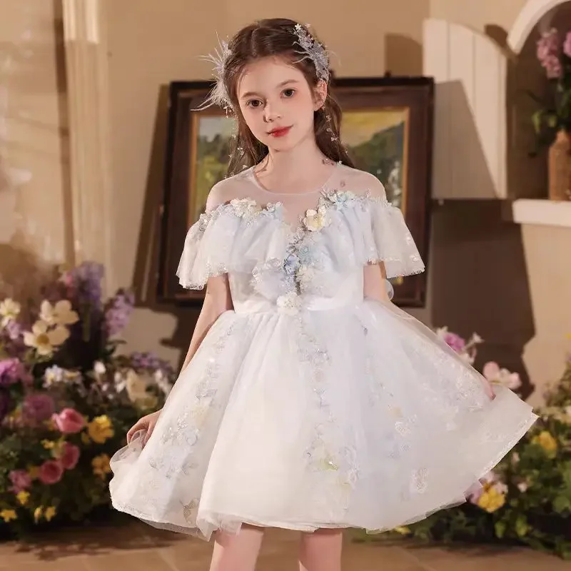 JDY Custom Elegant Blue Puffy Sleeve Flower Girl Dress Beading Princess Kids Wedding Birthday Performance Party Prom Gown