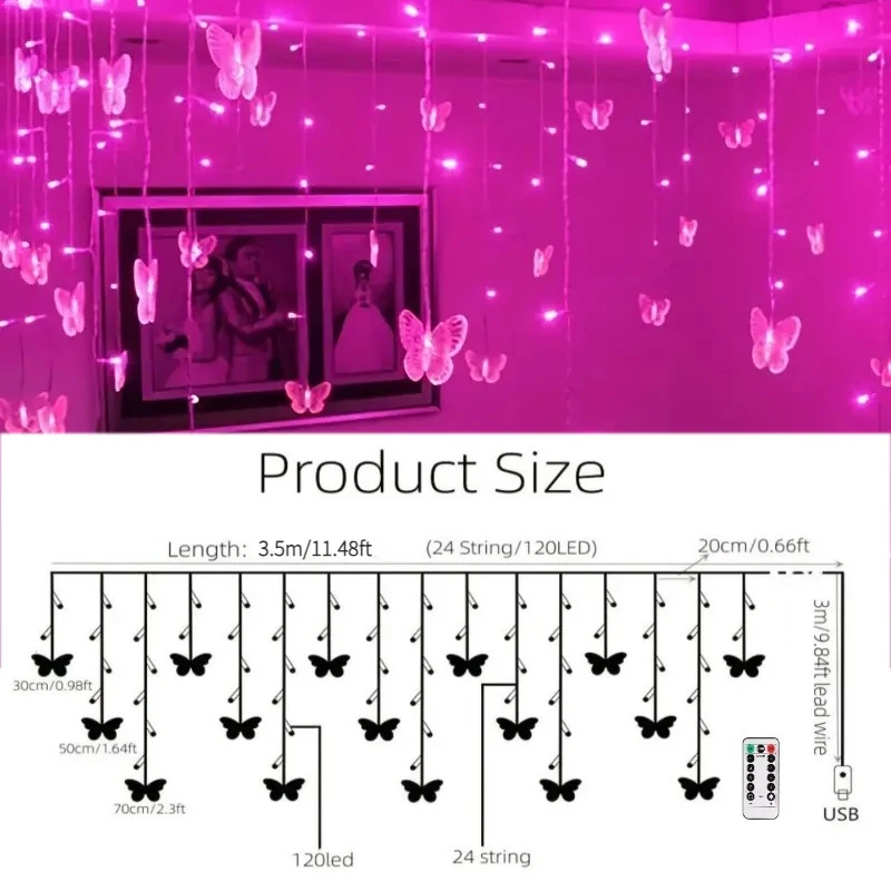 1pc LED Butterfly Curtain Light With Remote USB Powered Window Fairy Lights Holiday Wedding Party Bedroom Patio Decorative Light