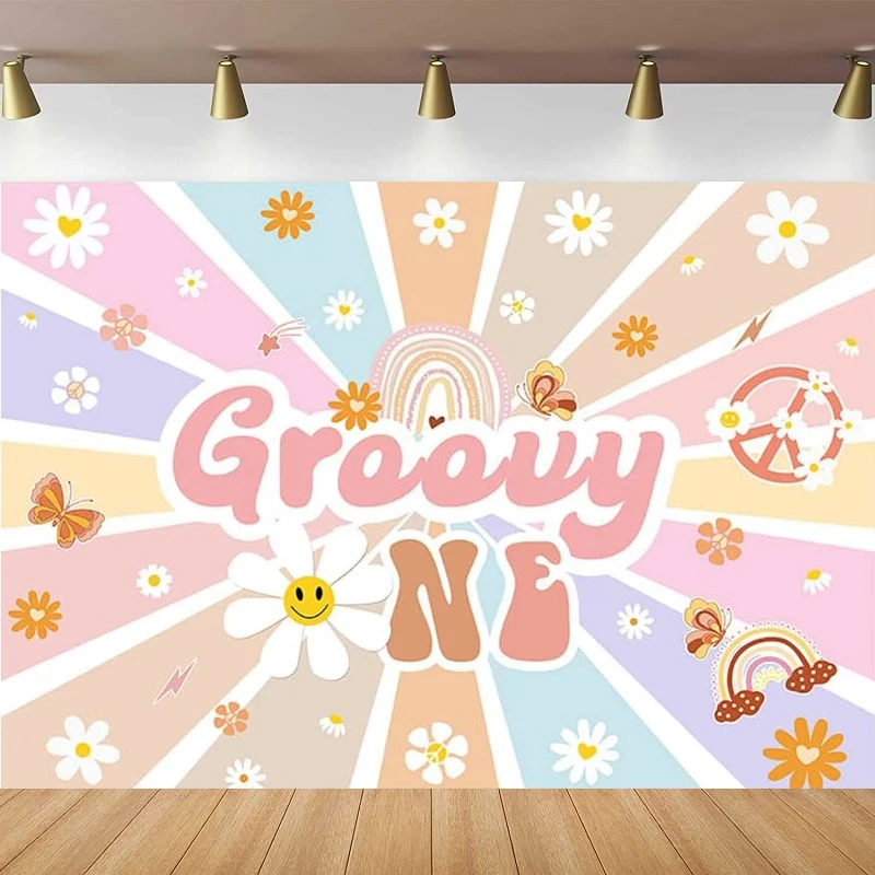 Groovy One Photography Backdrop For Boho Rainbow 1st Birthday Party Decoration Hippie Little Daisy Floral Butterfly Background