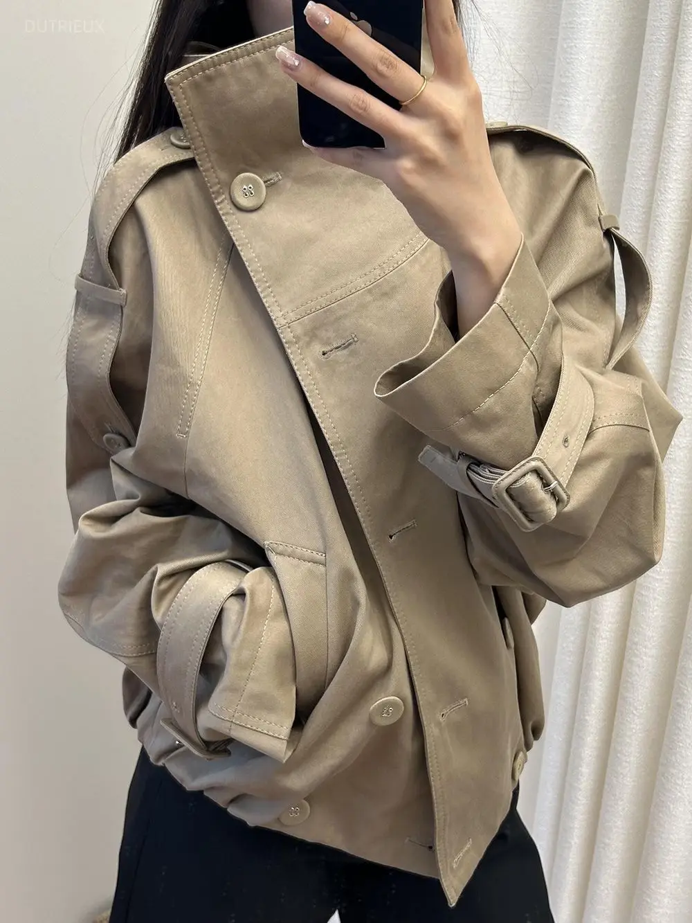 Double Breasted Top Khaki High Neck Temperament Short Windbreaker Jacket Chaqueta Mujer Overcoat Outwear Y2k Coat