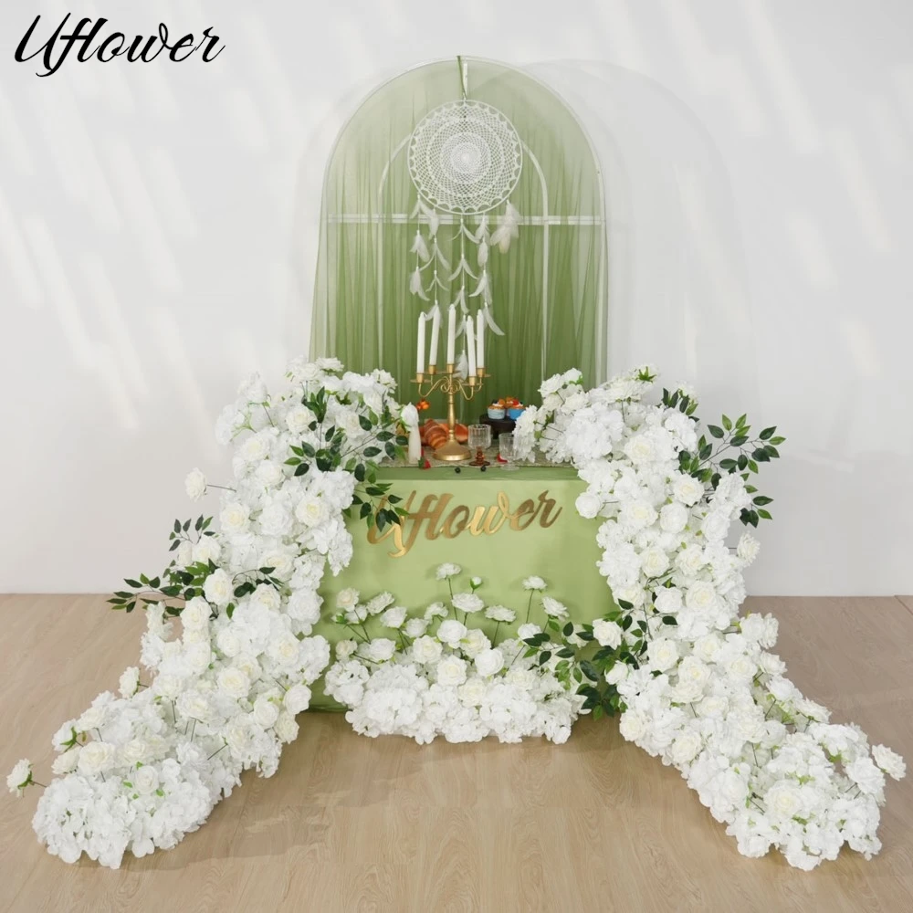 

Uflower White Rose Hydrangea Artificial Flower Row Wedding Backdrop Table Centerpiece Flower Wall Decor Party Stage Floral Prop