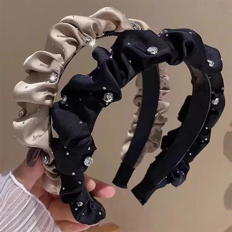 Luxurious Rhinestone Hairbands for Women Solid Color Folds Hair Bands Korean Adult Hair Hoop Fashion Headbands Hair Accessories
