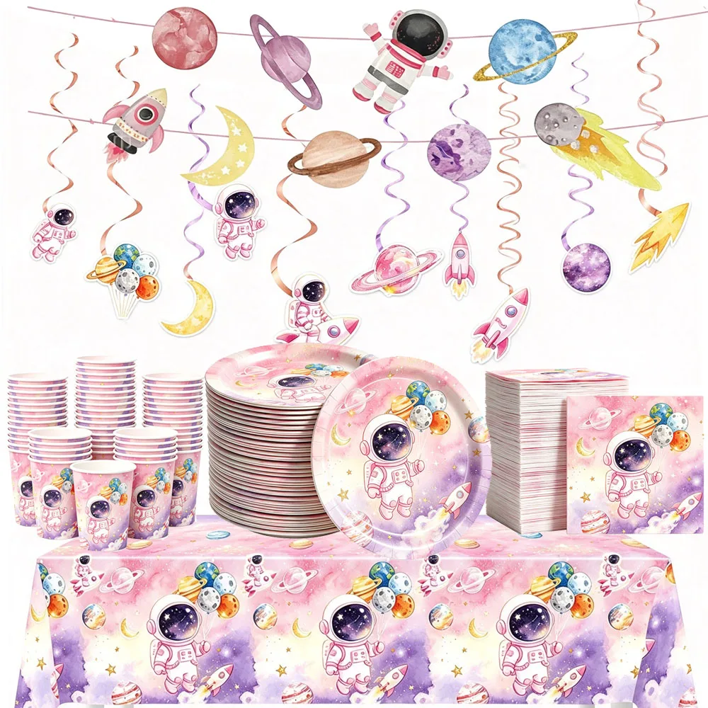 Pink Space Astronaut Party Supplies Galaxy Planet Disposable Tableware Tablecloth Hanging Swirl Decor Outer Space Birthday Decor