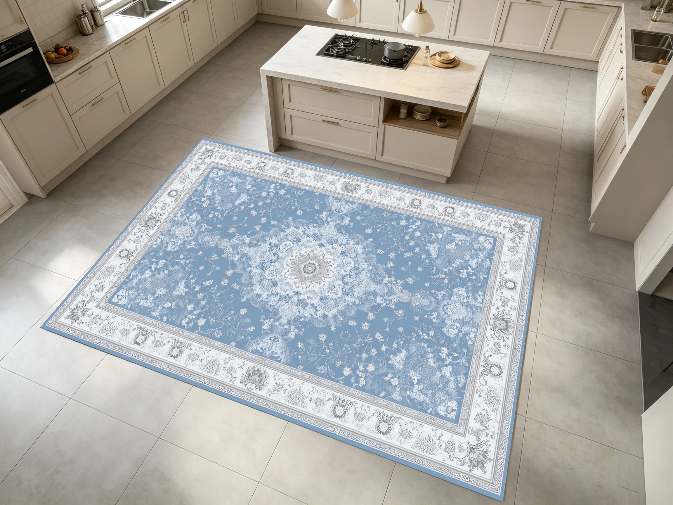 2D Large Rug, Light Blue European Retro Pattern, Soft & Skin-Friendly, Suitable for Living Room & Bedroom, Enhances