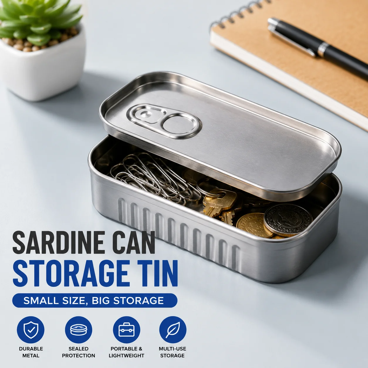 Sardine Can Shaped Tin Storage Box Portable Metal Sealed Jar with Lid for Small Items Jewelry Coins Desk Organizer Case