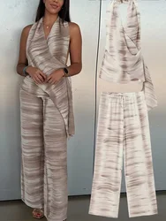 HH Women Summer Fashion Casual Backless Tie-dye Tops 2 Piece Set Vintage Lace Up Elastic Waist Wide Leg Pants Suits TRAF