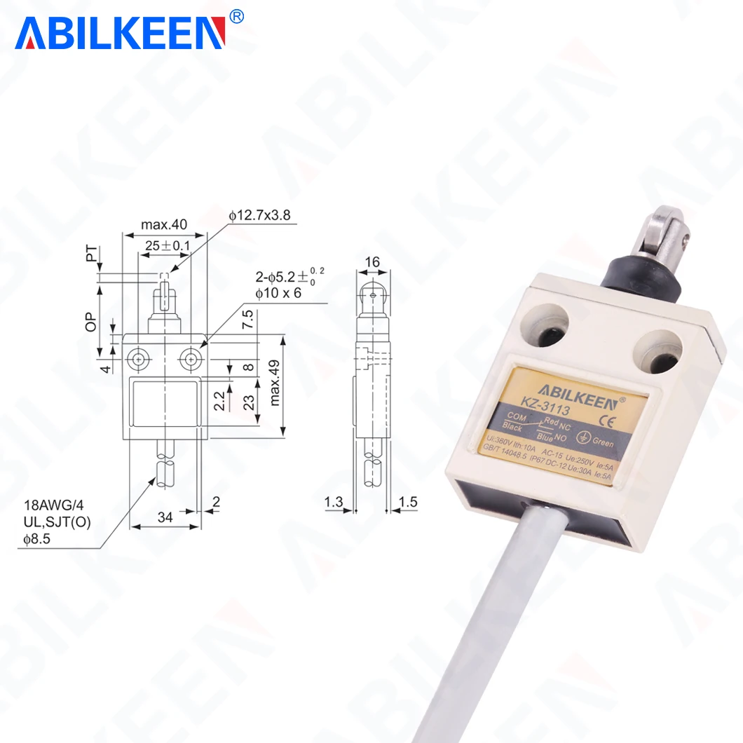 ABILKEEN KZ-3112 KZ-3113 Push Plunger with Roller Limit Travel Switch 1NO+1NC Terminal IP68 Sensitive Momentary Limit Switch